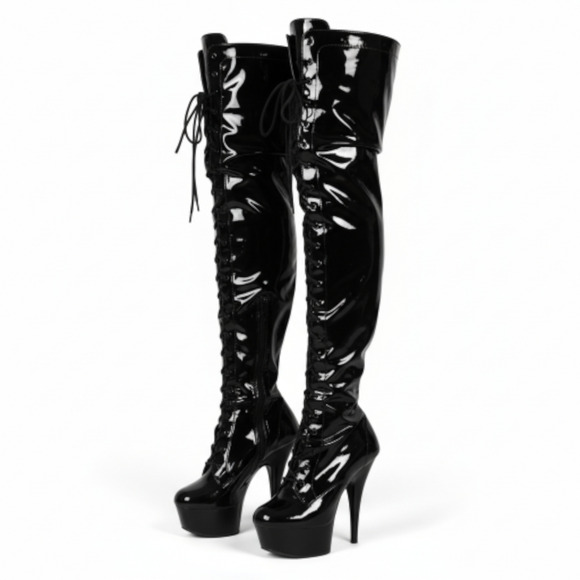 Pleaser Delight 3023 Platform Stiletto Boots Black Patent Thigh High OTK Heels 8 - Picture 1 of 14